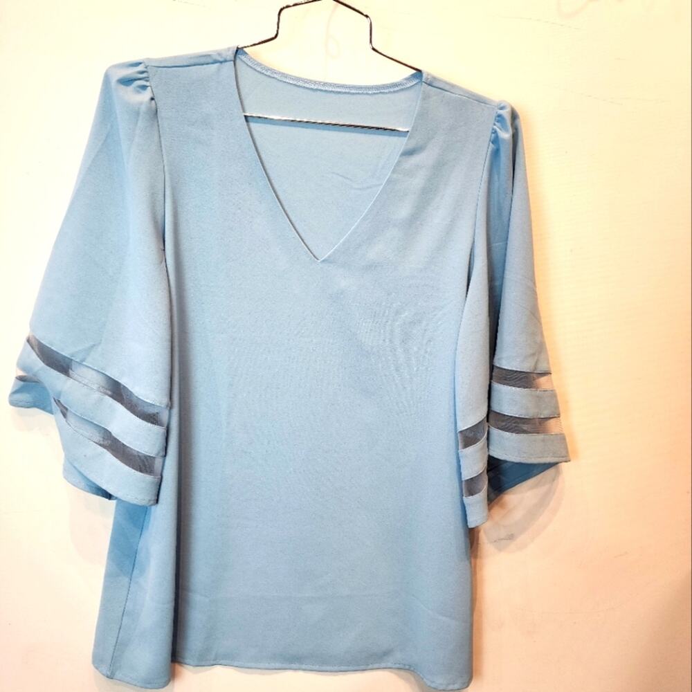 New V-‎ Neck Tunic Blouse Polyester Travel Easy Care Top Blue Size L